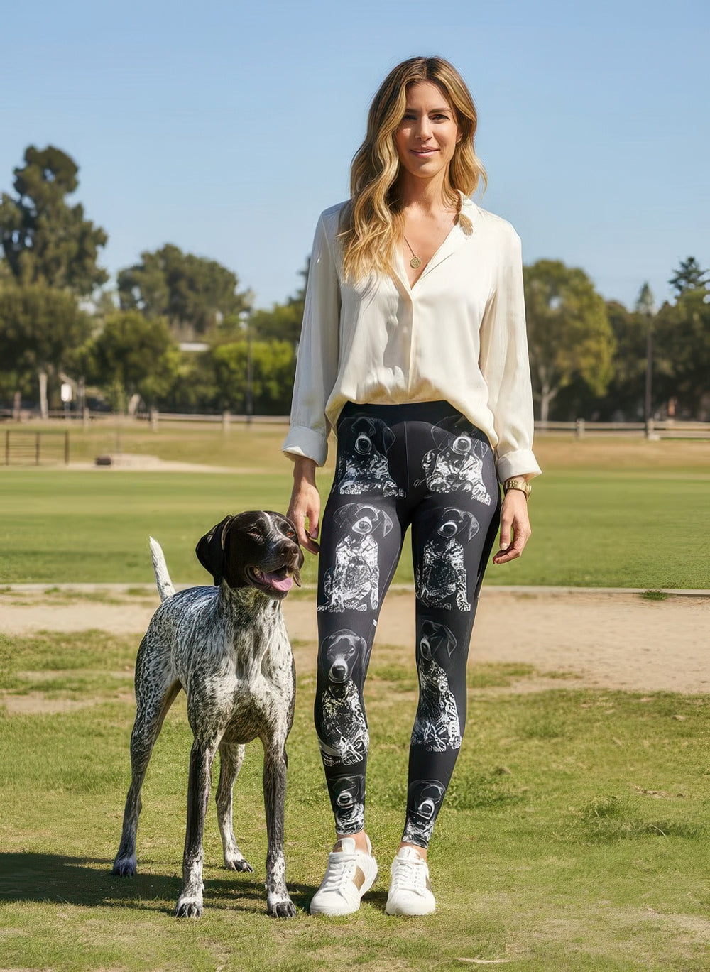 Denimaxx Women’s German Shorthaired Pointer leggings with adjustable high-rise waistband and soft stretch fabric.