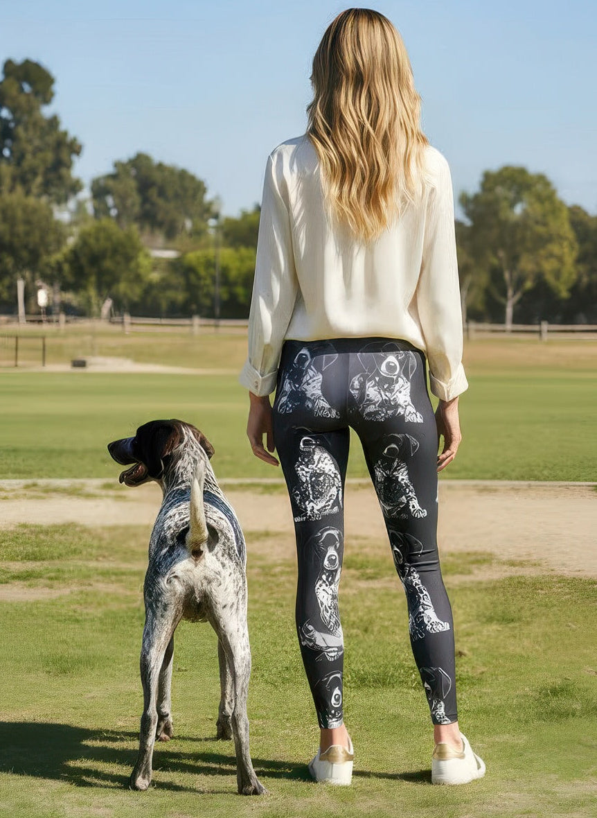 Model wearing Denimaxx Women’s German Shorthaired Pointer Print leggings featuring exclusive dog design.
