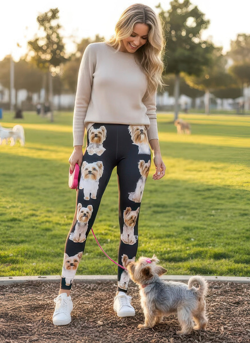 Denimaxx Women’s Yorkshire Terrier Print leggings with adjustable high-rise waistband and soft stretch fabric.