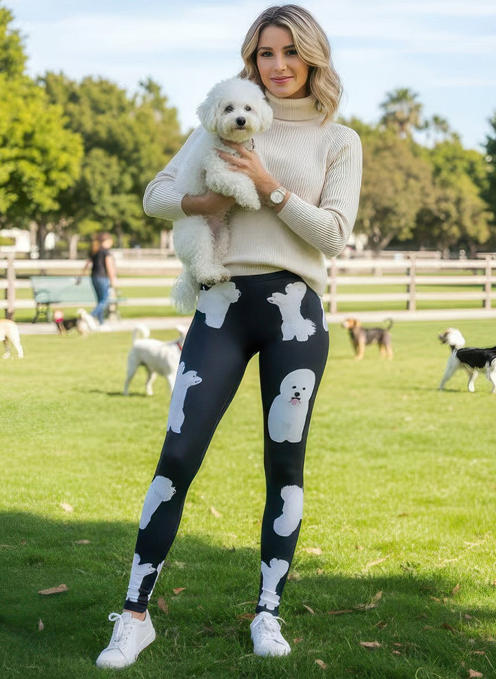 Model wearing Denimaxx Women’s Bichon Frise leggings featuring bright, playful dog design.