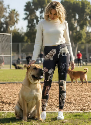Woman in a cream turtleneck wearing Shar Pei print leggings with illustrated Shar Pei dogs on black, petting a real Shar Pei sitting beside her at the dog park.
