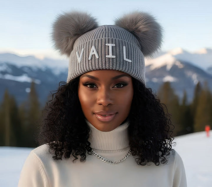 Crystal Vail Knit Beanie With Double Fox Pom
