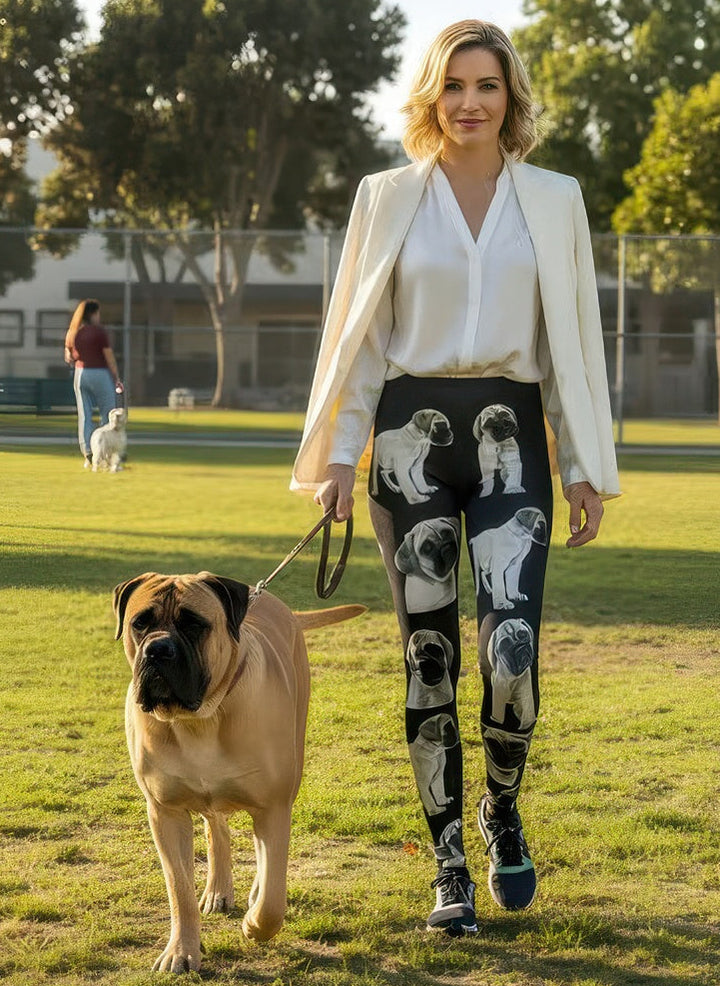 Model wearing Denimaxx Bullmastiff leggings showcasing exclusive dog-inspired design.