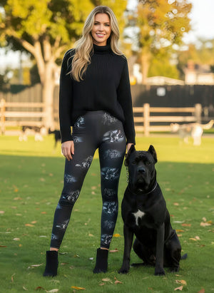 Woman in a black turtleneck sweater standing beside a real black Cane Corso in a park, wearing Cane Corso print leggings with monochrome dog faces.