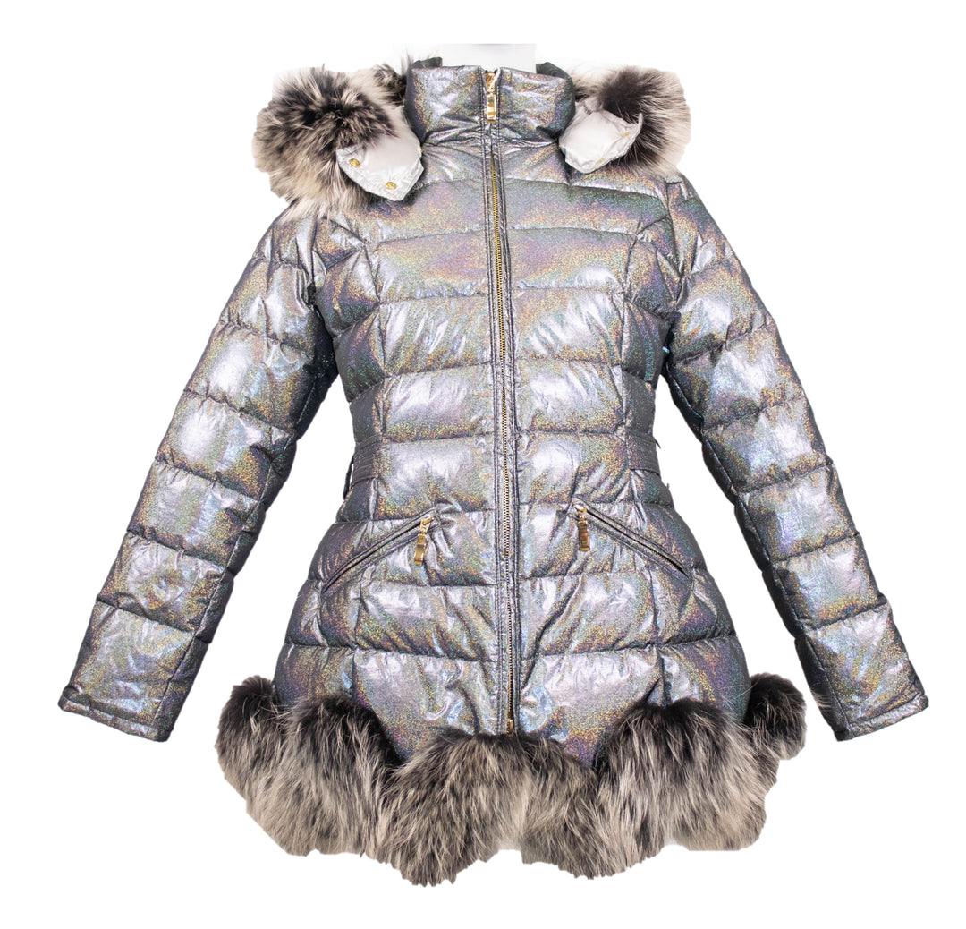 Satin Goose Down Bomer Jacket With Fox Trim