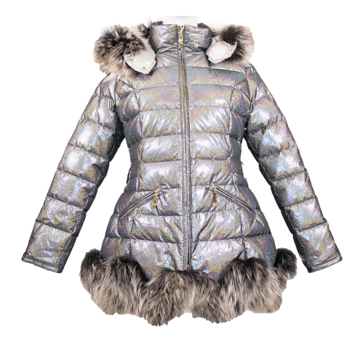 Satin Goose Down Bomer Jacket With Fox Trim