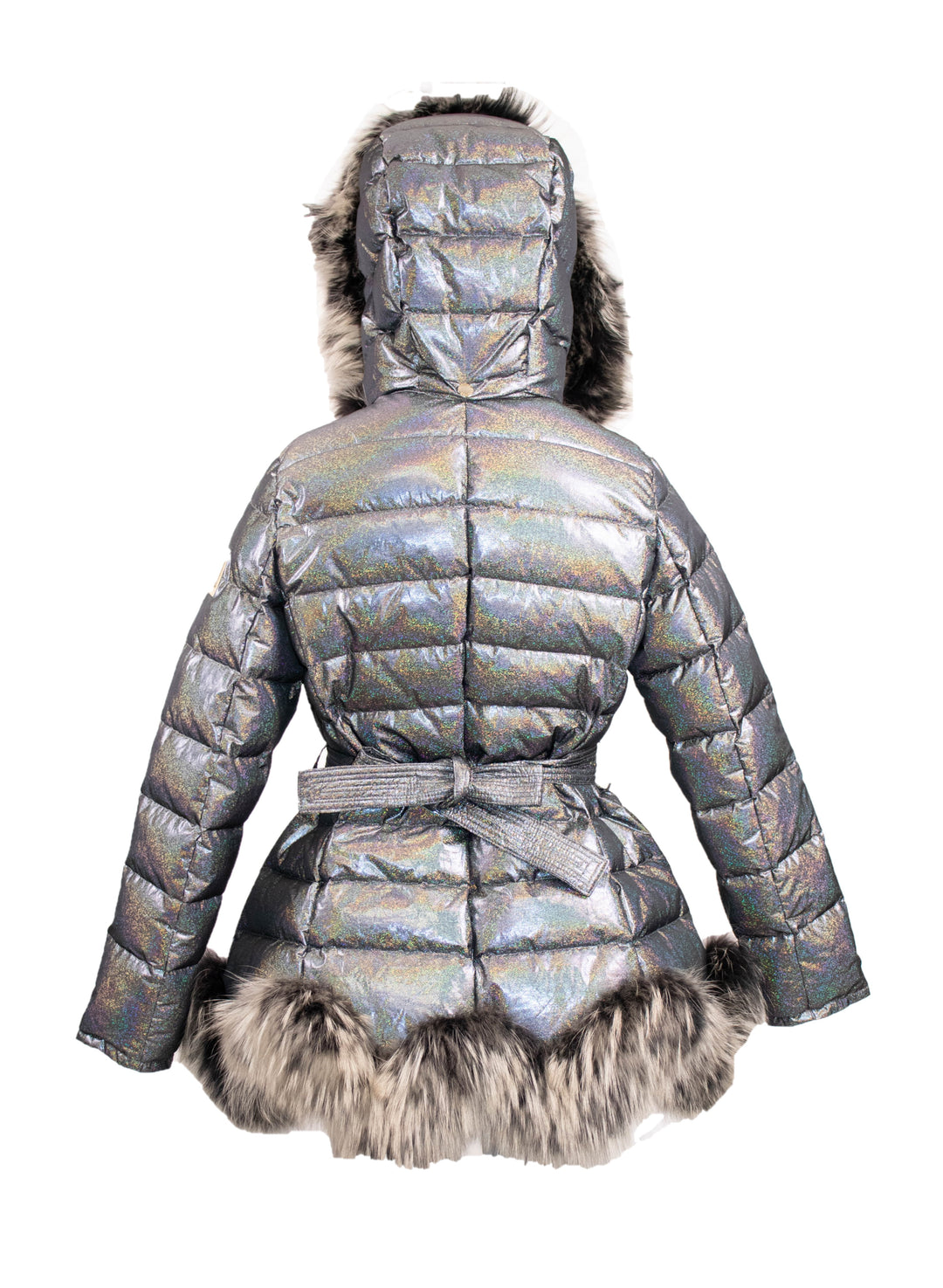Satin Goose Down Bomer Jacket With Fox Trim