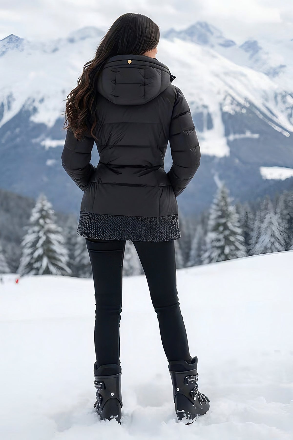 Back view of woman in the black satin goose down puffer jacket with the hood up, standing in snow among pines.