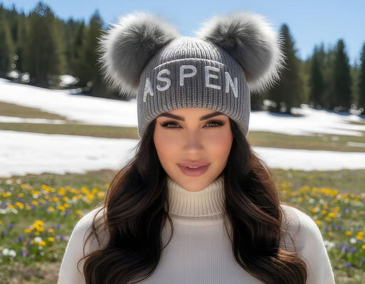 Crystal Aspen Knit Beanie With Double Fox Pom