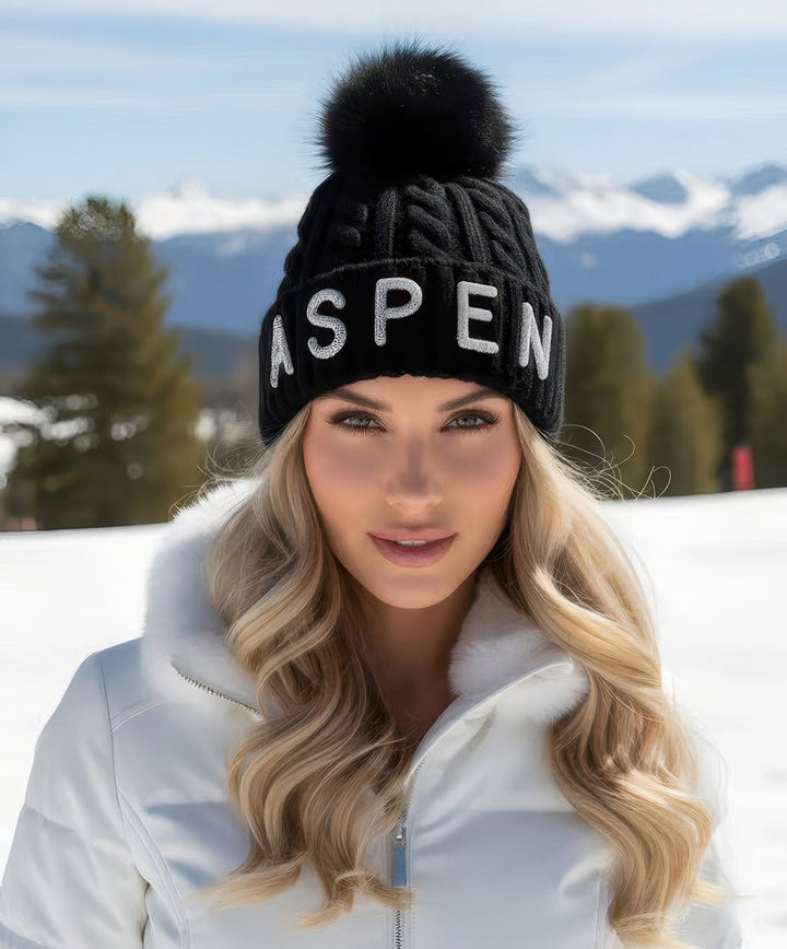 Crystal Aspen Knit Beanie With Fox Pom