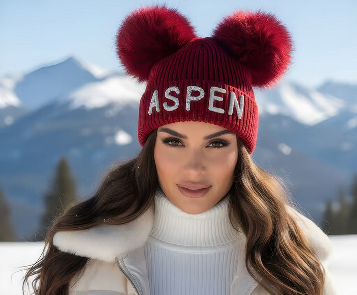 Aspen Knit Beanie With Double Fox Poms