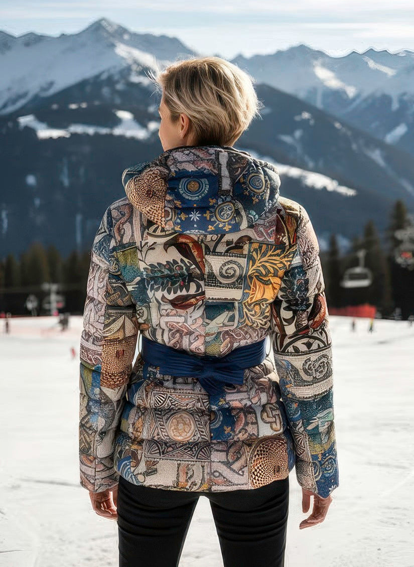 Women’s satin goose down coat with fox-trimmed collar, made in Italy for refined winter elegance.

