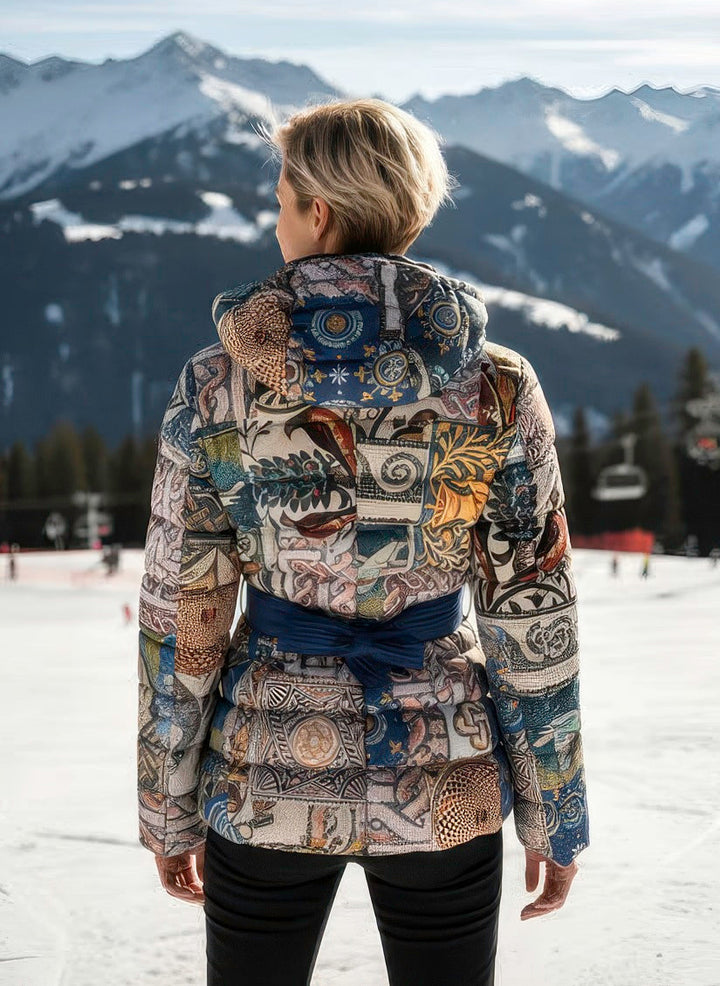 Women’s satin goose down coat with fox-trimmed collar, made in Italy for refined winter elegance.

