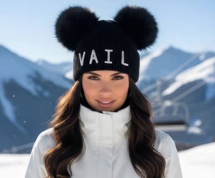 Crystal Vail Knit Beanie With Double Fox Poms