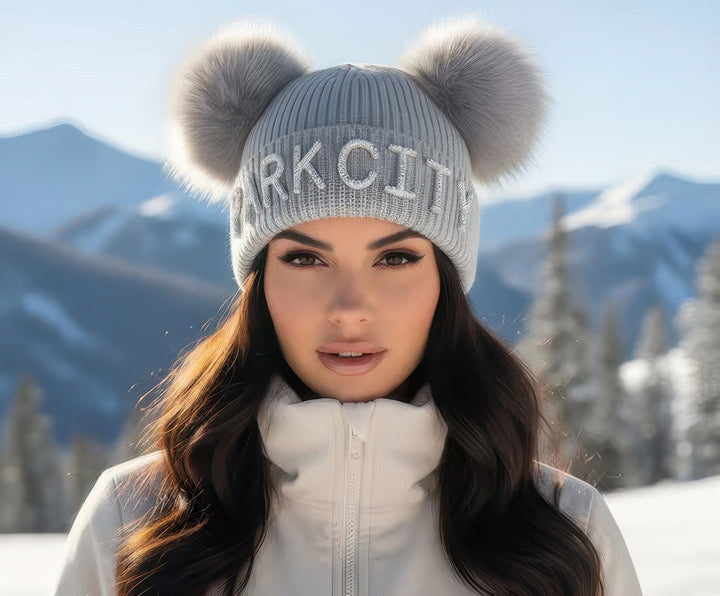 Crystal Park City Knit Beanie With Fox Poms