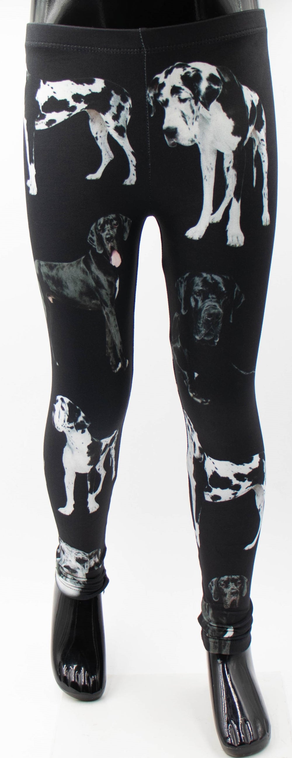 Denimaxx kids Great Dane print leggings with harlequin and black Great Dane photos on black fabric, shown on a mannequin.