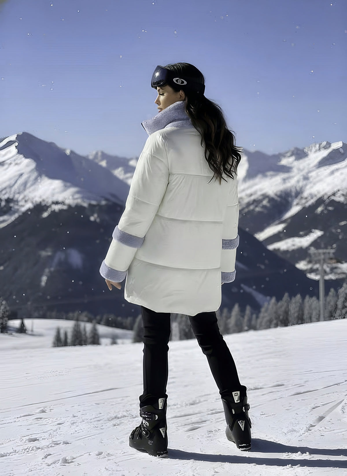 Back view of brunette woman with ski goggles on her head wearing the white shearling coat with blue trim and ski boots.