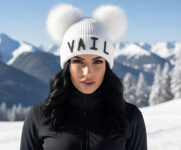 Crystal Vail Knit Beanie With Double Poms