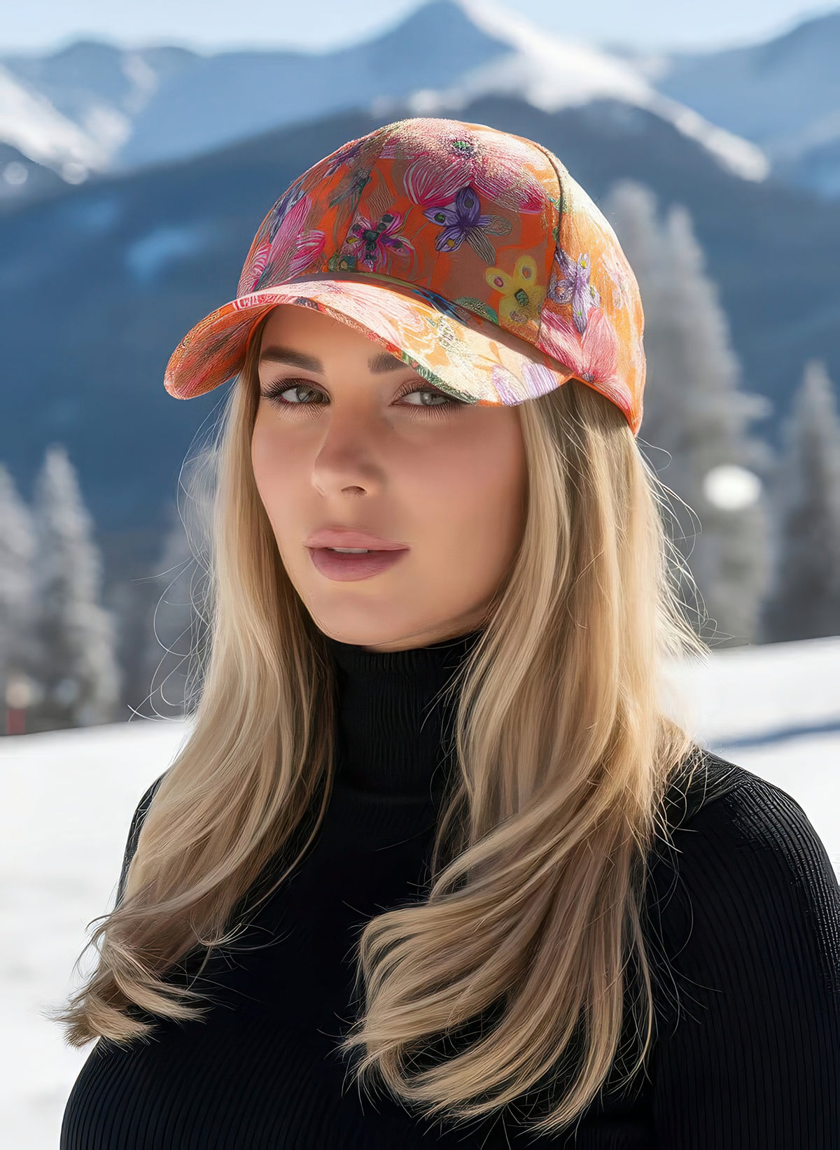 Woman wearing the Hawaiian Hibiscus floral print cap in orange with pink and purple blooms, snowy mountain backdrop.