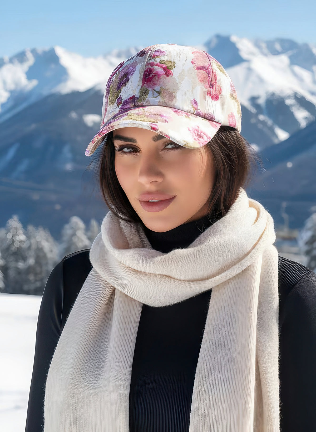 Woman wearing the Violets and Roses floral baseball cap with pink and purple rose blooms, snowy mountain backdrop.