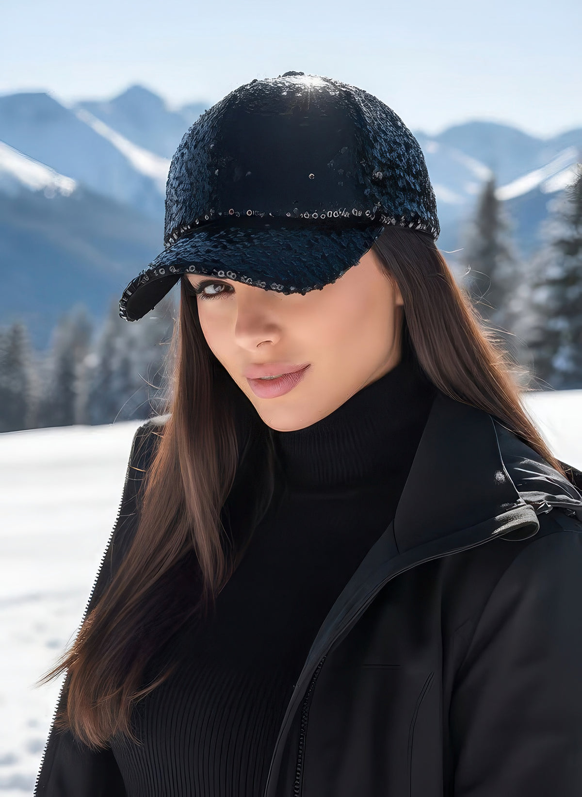 Woman wearing the Obsidian black sequin cap in the snow, black turtleneck and jacket, snowy mountains behind her.