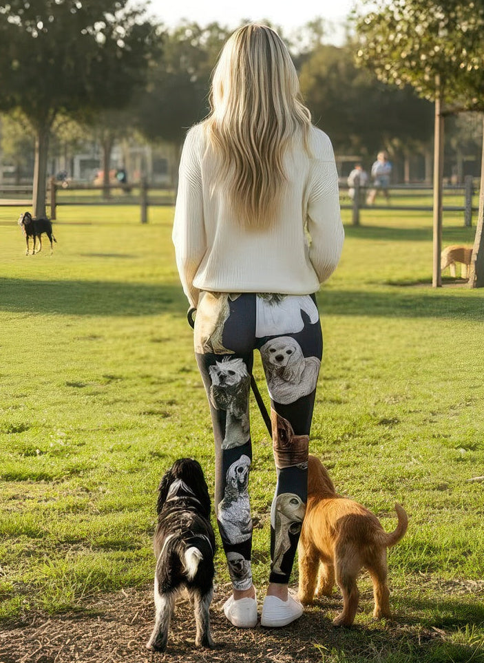 Side view of Denimaxx adjustable high-rise leggings in Cocker Spaniel print design.
