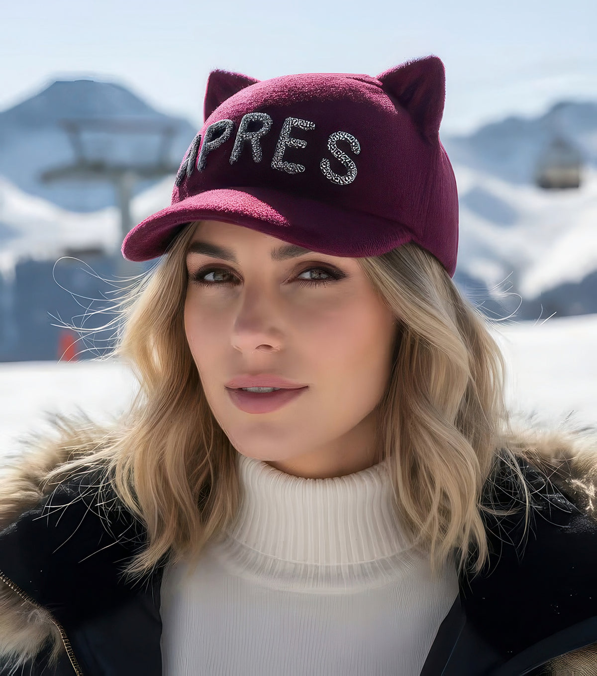 Woman wearing the burgundy faux fur cat ear cap with crystal APRES lettering at a snowy ski resort.