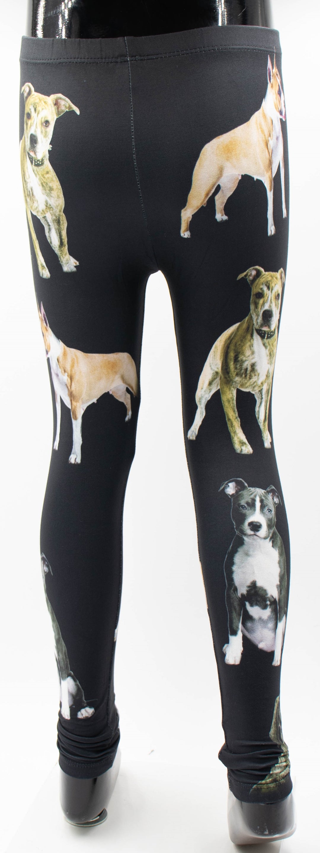 Denimaxx kids Pit Bull print leggings with standing tan and brindle pit bull portraits on black fabric, full-length mannequin product shot.