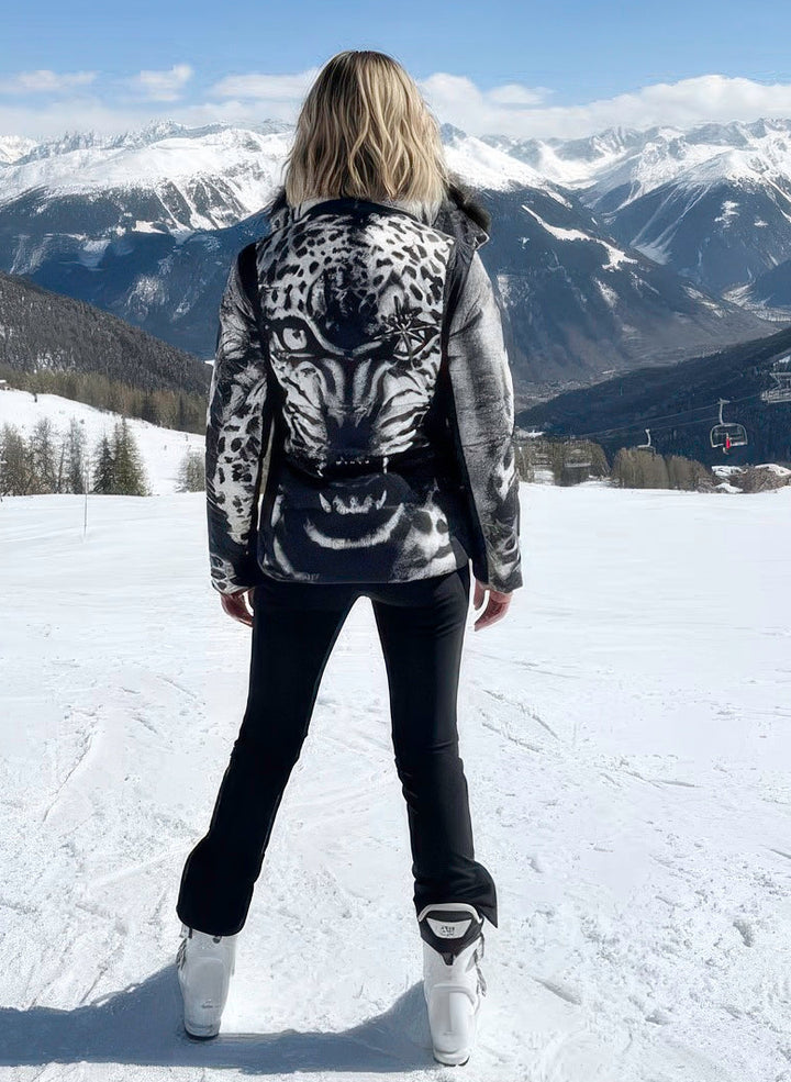 Women’s insulating ski jacket by Sportalm with fox-trimmed hood and tiger-face design.

