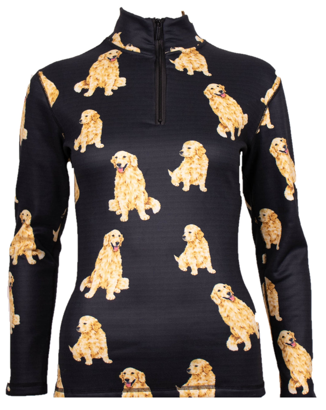 Close-up of Denimaxx Golden Retriever Mid Layer showing detailed dog print and polished nylon texture.