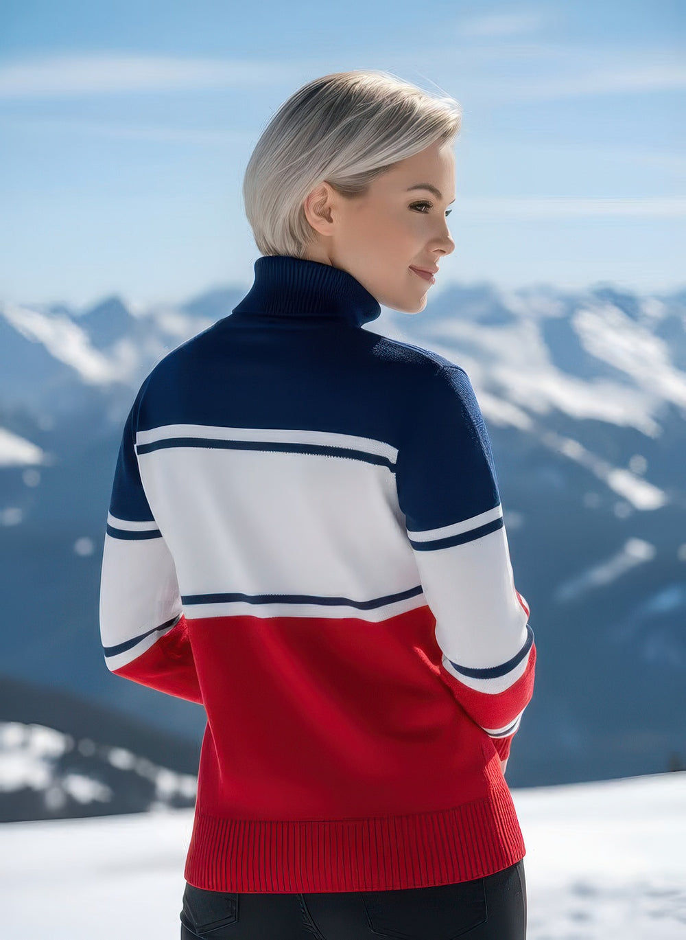 Back view of Denimaxx Women’s fitted ski sweater showing red, white, and blue intarsia design.