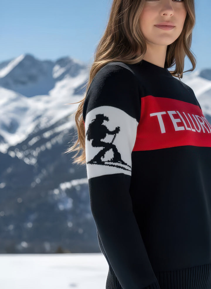 Close-up of Denimaxx Women’s Telluride ski intarsia knit showing silky viscose texture and detailed cowgirl skier motif