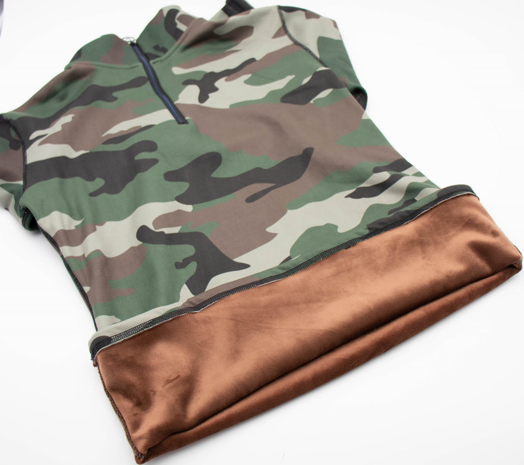 Close-up of Denimaxx Green Camo Mid Layer Top showing camo pattern and polished nylon texture.

