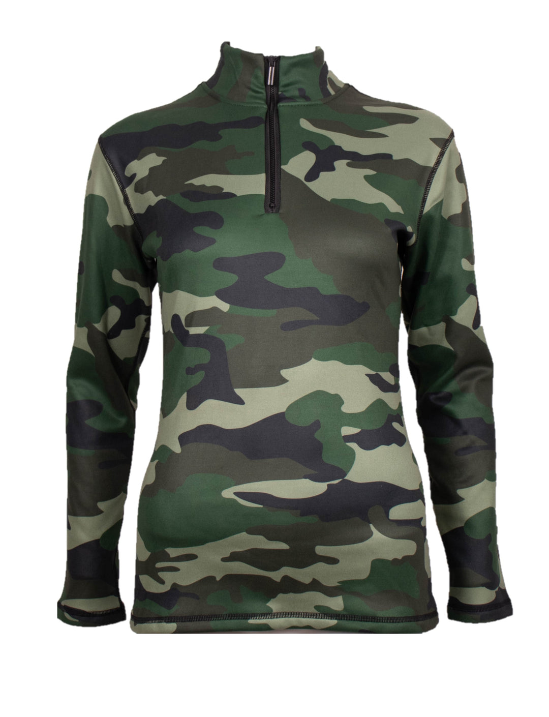 front view Close-up of Denimaxx Green Camo Mid Layer Top showing camo pattern and polished nylon texture.

