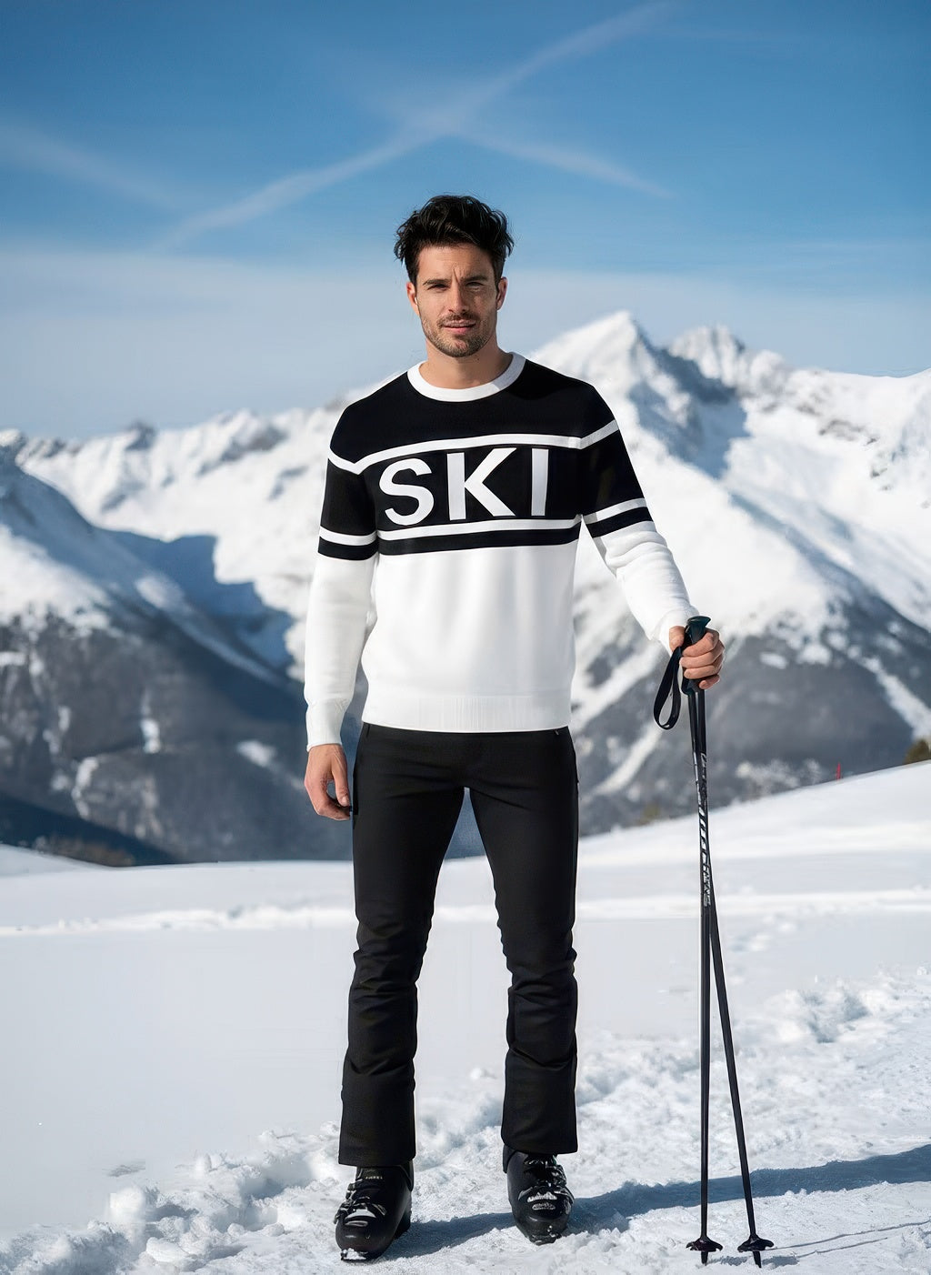 Denimaxx Men’s Crewneck Ski Sweater featuring bold “SKI” intarsia and fitted knit design.