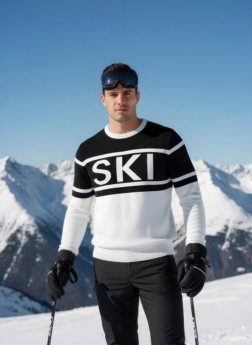 Close-up of Denimaxx Men’s Crewneck Ski Sweater showing bold “SKI” lettering and soft knit texture.