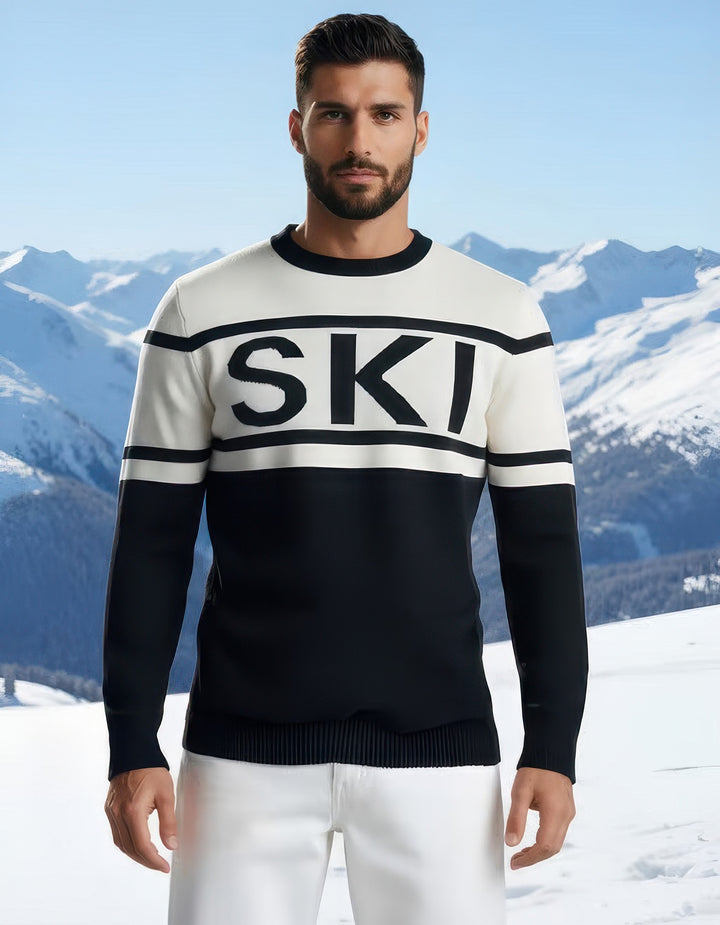 Close-up of Denimaxx Men’s Crewneck Ski Sweater showing bold “SKI” lettering and soft knit texture.