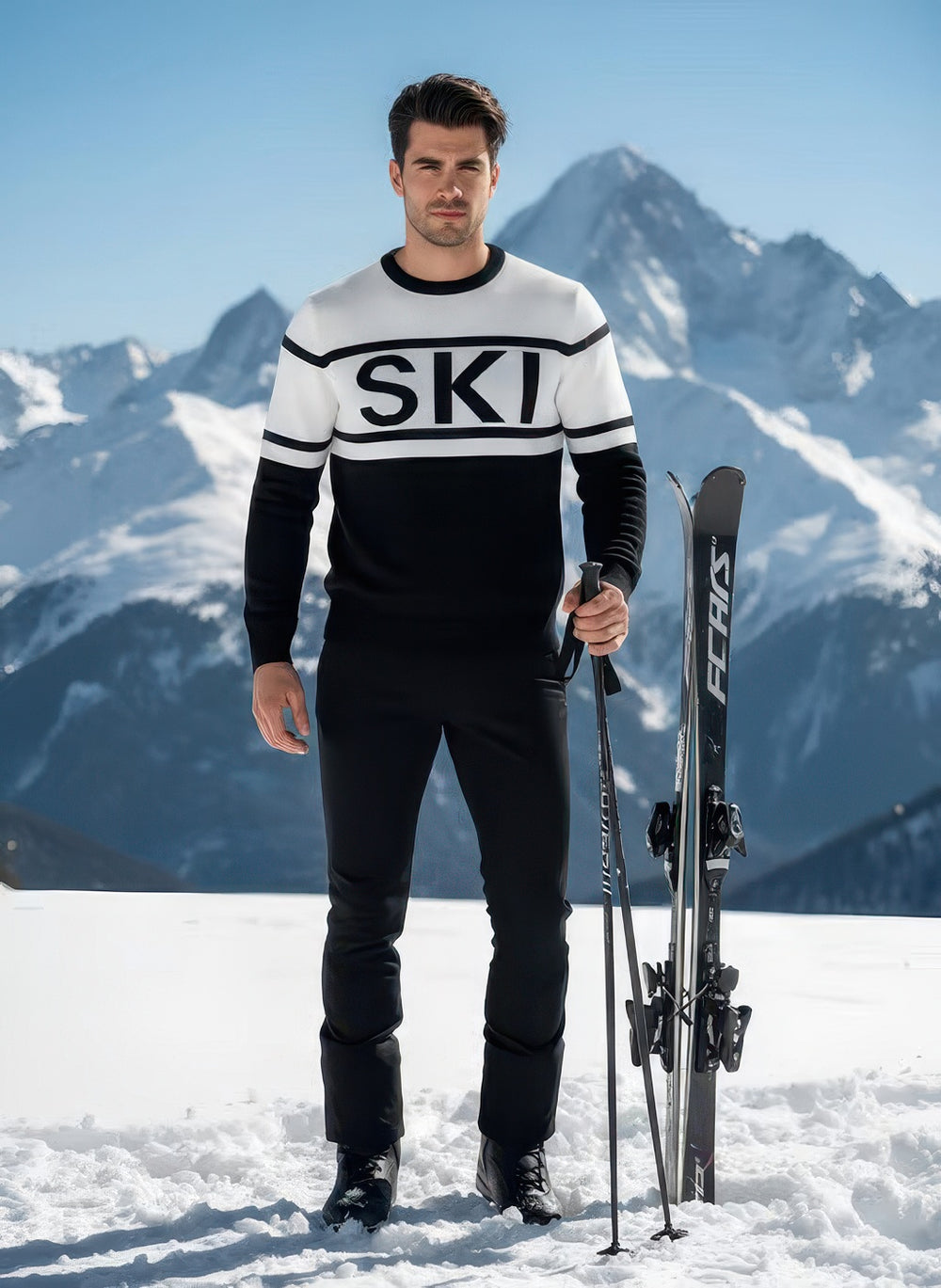 Denimaxx Men’s Crewneck Ski Sweater featuring bold “SKI” intarsia and fitted knit design.