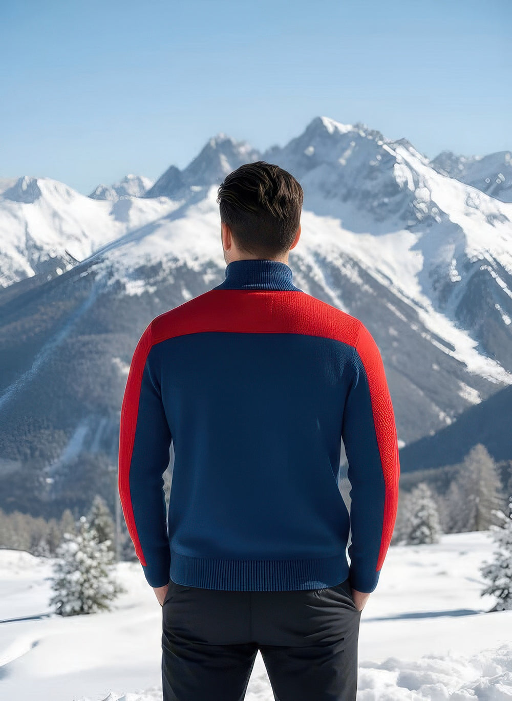 Denimaxx Men’s Half Zip Turtleneck Ski Sweater featuring exclusive alpine intarsia design and fitted silhouette.