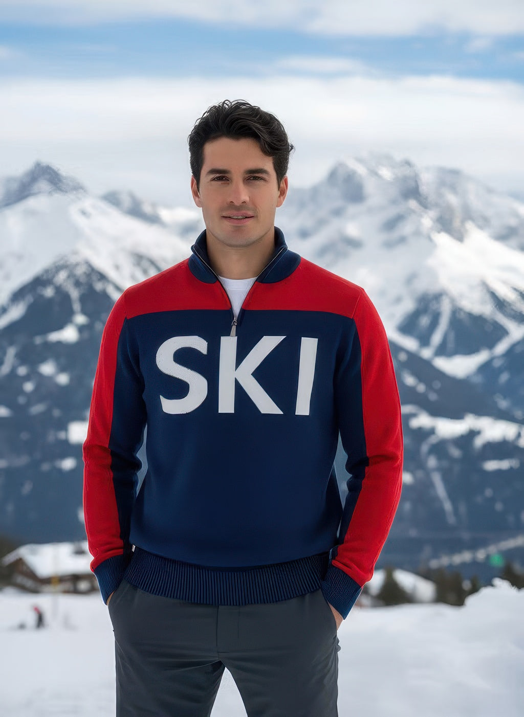 Man wearing Denimaxx Half Zip Turtleneck Ski Sweater, fitted and cozy for slope or après-ski wear.