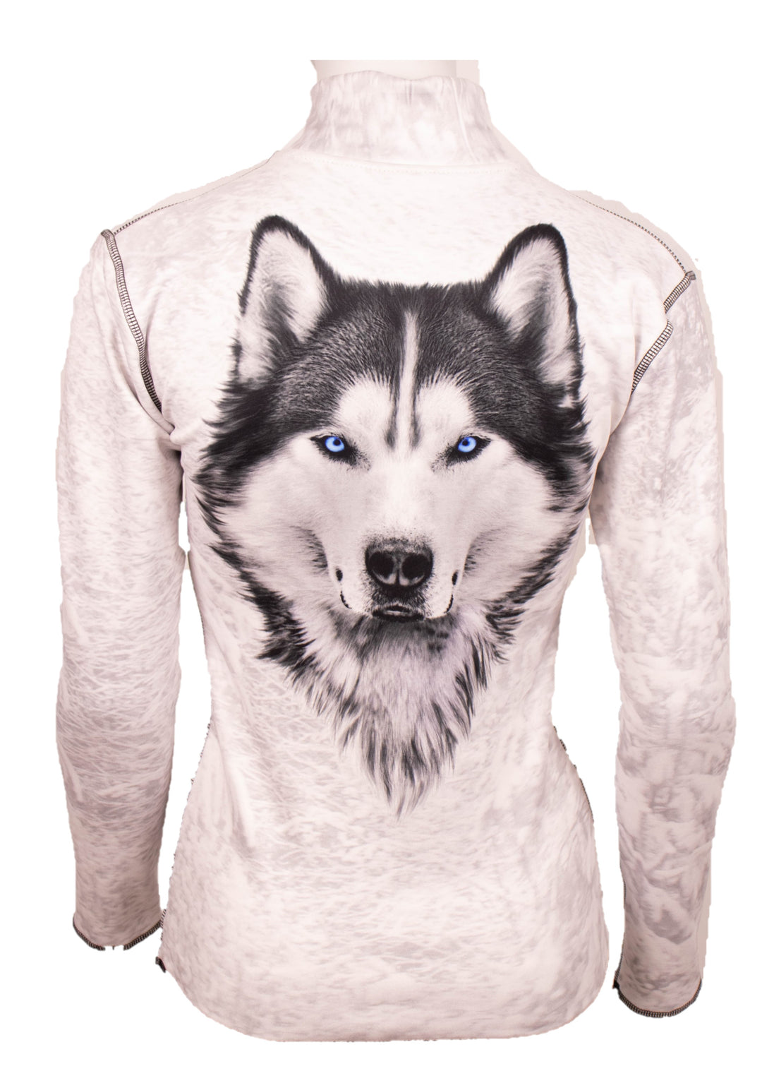 Denimaxx Blue Eyed Wolf Mid Layer showing vivid blue eyes and polished nylon surface.

