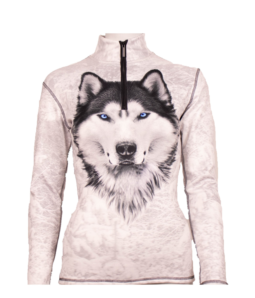 Close-up of Denimaxx Blue Eyed Wolf Mid Layer showing vivid blue eyes and polished nylon surface.

