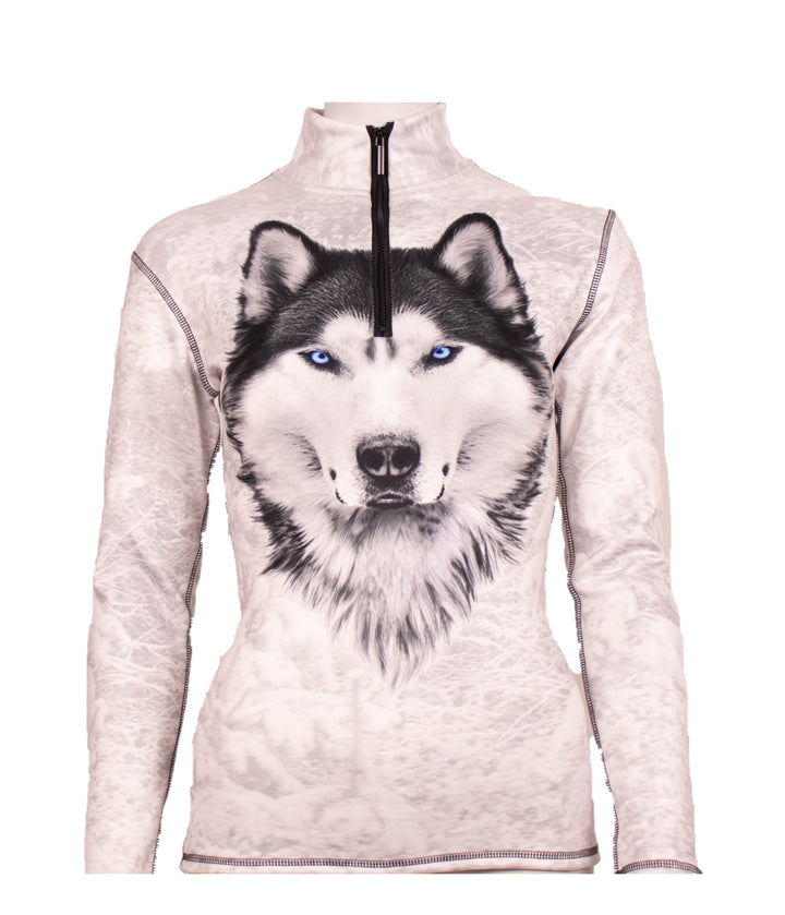 Close-up of Denimaxx Blue Eyed Wolf Mid Layer showing vivid blue eyes and polished nylon surface.

