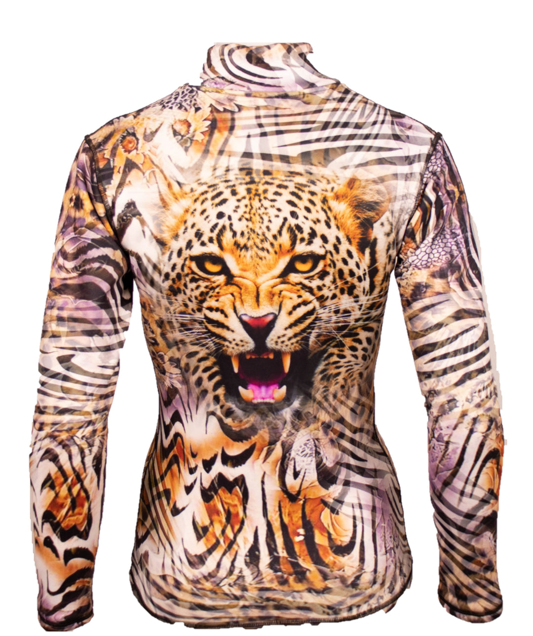 back Close-up of Denimaxx Cheetah Mid Layer showing bold animal pattern and smooth nylon texture.

