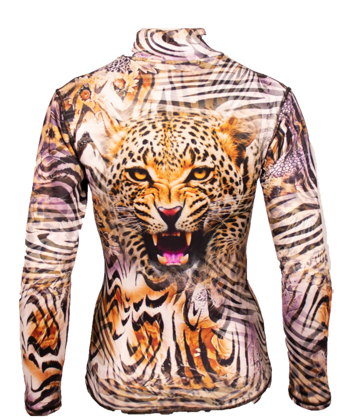 back Close-up of Denimaxx Cheetah Mid Layer showing bold animal pattern and smooth nylon texture.

