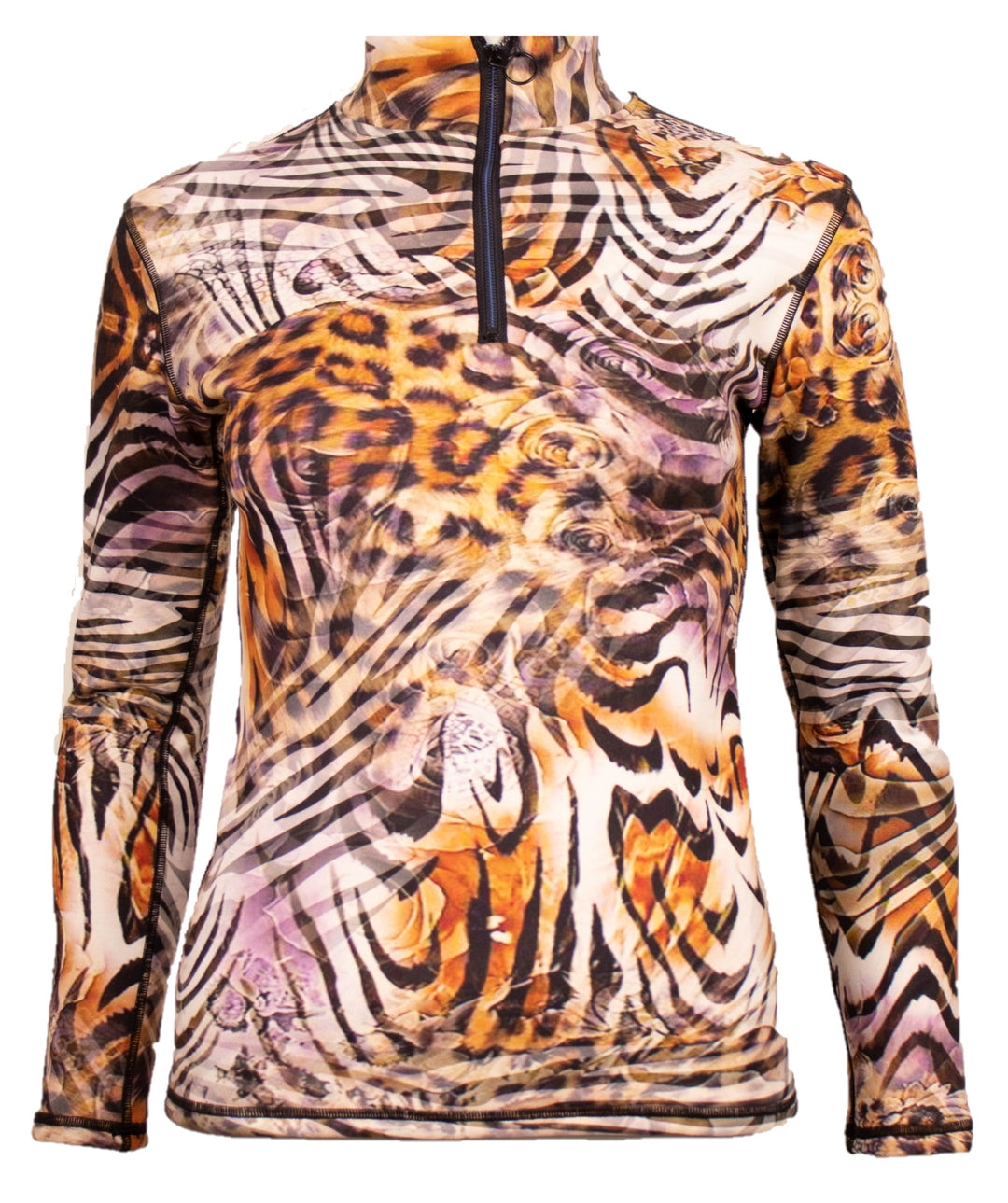 front Close-up of Denimaxx Cheetah Mid Layer showing bold animal pattern and smooth nylon texture.

