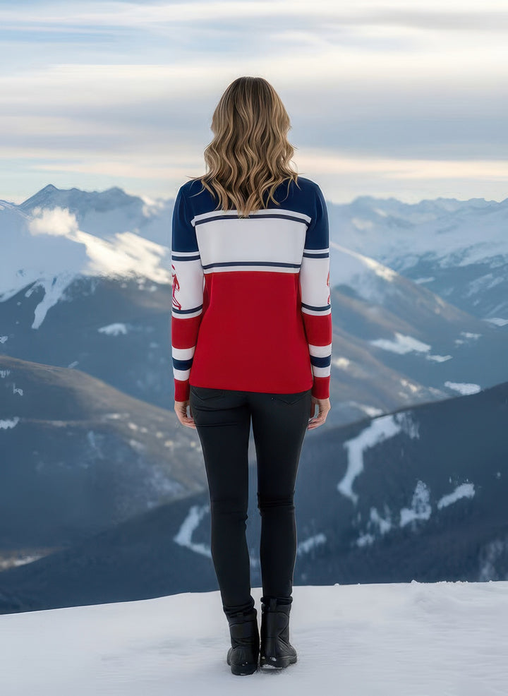 Woman wearing Denimaxx Telluride Turtleneck Ski Sweater — fitted, flattering, and perfect for après-ski style.