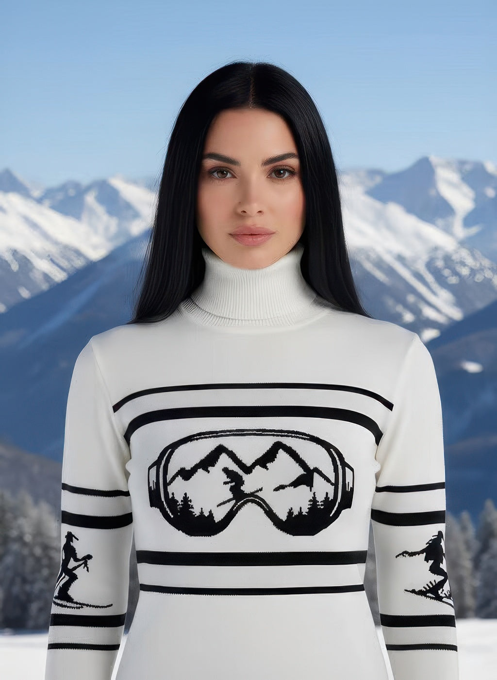 Denimaxx Women’s Visor Mountains Turtleneck Ski Sweater featuring bold alpine intarsia and cowgirl skiers on sleeves.