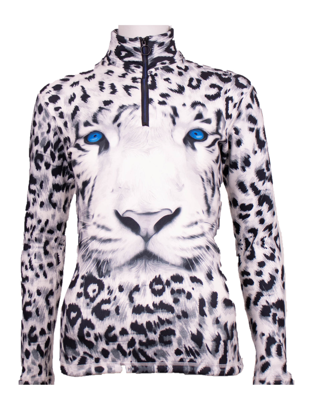 front view Close-up of Denimaxx Blue Eyed Tiger design featuring vivid blue eyes and detailed tiger print.


