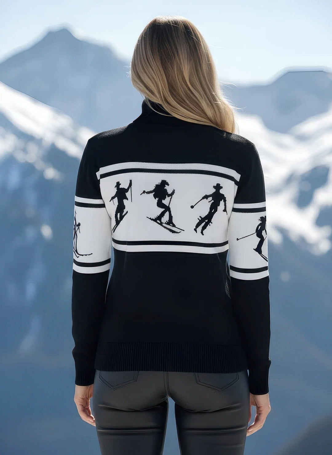 Denimaxx Women’s Cowgirl Skiers Turtleneck Ski Sweater featuring exclusive Western ski design and fitted silhouette.